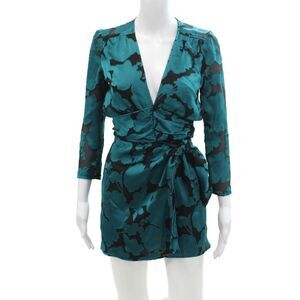 Ellejay Womens Long Sleeve V Neck Floral Satin Mini Dress Blue Black Size XS